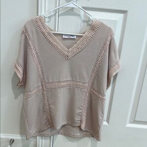 Tan Boxy Ribbed Blouse with Relaxed Fit